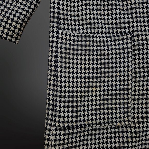 Vintage 80s Long Houndstooth Coat Womens Size M Black Beige Leather Collar - Picture 5 of 11